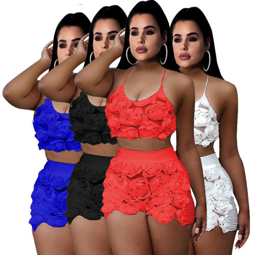 Female Halter Lace Tracksuits Women Two Piece Short Pants Sets PQQM3607