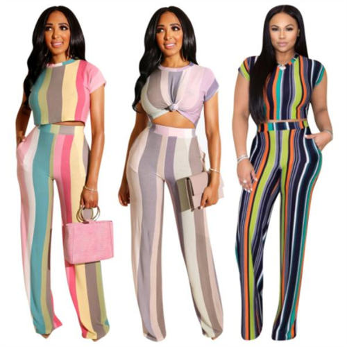 Women's Two Piece Wide Leg Pants Striped Vacation Outfits PQQM3732