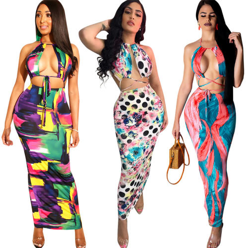 Sexy Printed Dress for Women Halter Backless Summer Beach Wear PQQM3683