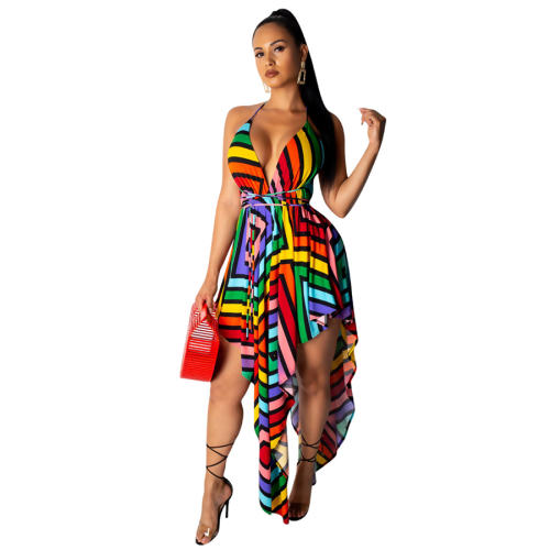 Beach Club Wear Sexy Asymmetrical Rainbow Mini Dresses PQQM3739