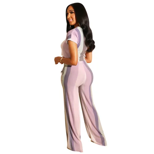 Women's Two Piece Wide Leg Pants Striped Vacation Outfits PQQM3732