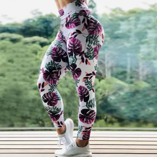 Leaf Print Fitness Wear Exercise Pants High Waist Yoga Leggings PQHYDZ30