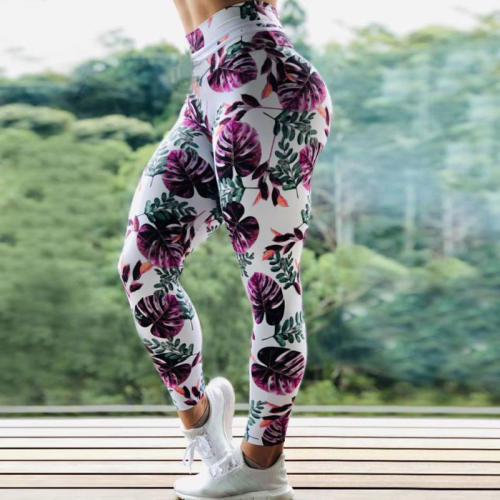 Leaf Print Fitness Wear Exercise Pants High Waist Yoga Leggings PQHYDZ30