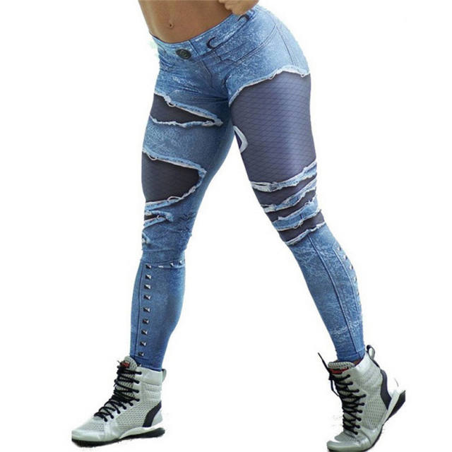 Jeans Print Yoga Pant Sport Leggings Lift Buttss Fitness Capris PQHY207D