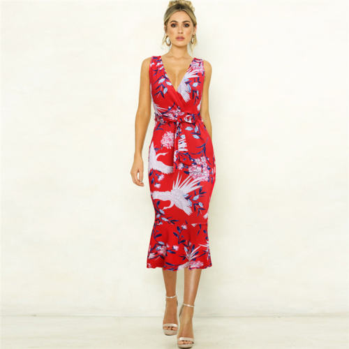Spaghetti Strap Beach Break Clothes Floral Printed Midi Dress PQ22021C