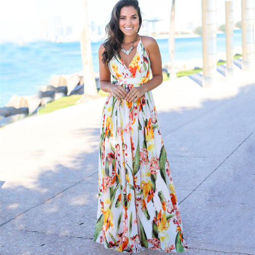 V-neck Summer Floor-Length Streetwear Fashion Maxi Dress PQ22020B