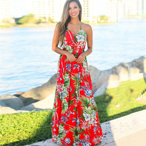 Fashion Maxi Dress Spaghetti Strap Floral Printed Casual Dresses PQ22020A