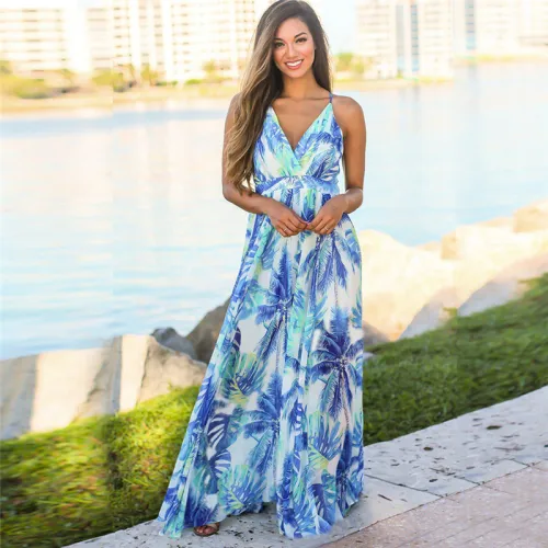 V-Neck Fashion Bohemian Dresses Summer Spaghetti Strap Maxi Dress PQ22020E