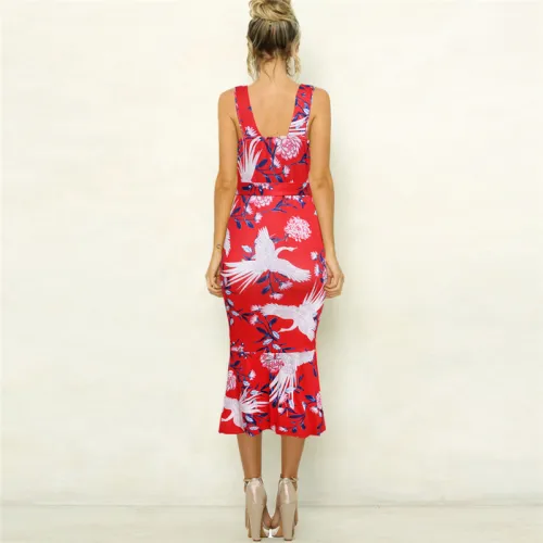 Spaghetti Strap Beach Break Clothes Floral Printed Midi Dress PQ22021C