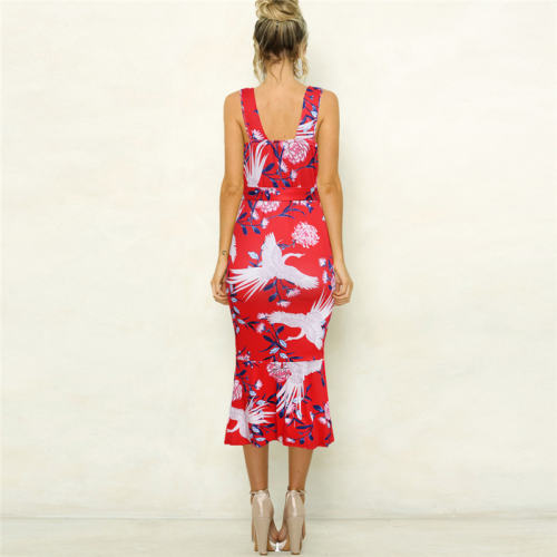 Spaghetti Strap Beach Break Clothes Floral Printed Midi Dress PQ22021C
