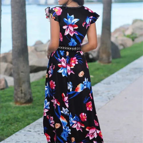 Summer Floral Printed Midi Dresses Deep V-neck Women Streetwear PQ22006