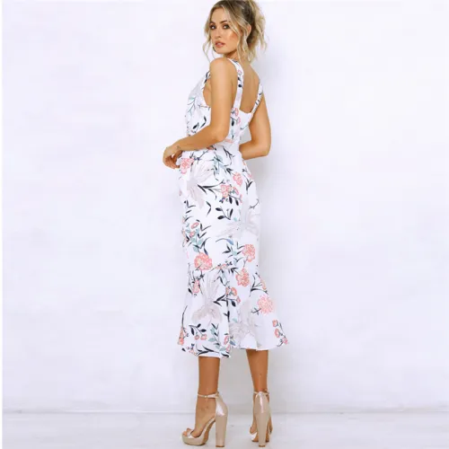 Floral Printed Midi Dress Spaghetti Strap Spring Beach Break Clothes PQ22021A