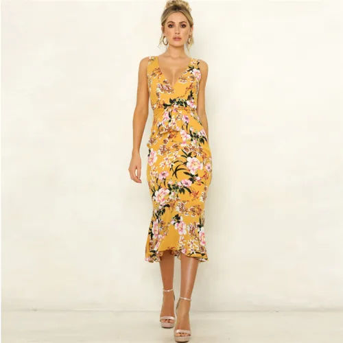 V-neck Women Casual Dresses Spaghetti Strap Beach Break Clothes PQ22021D