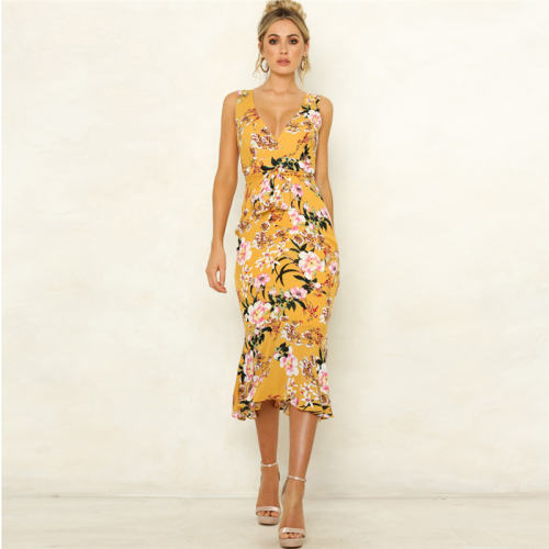V-neck Women Casual Dresses Spaghetti Strap Beach Break Clothes PQ22021D