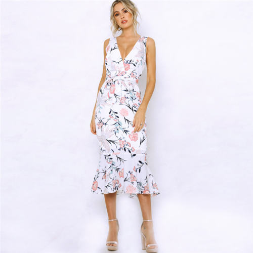 Floral Printed Midi Dress Spaghetti Strap Spring Beach Break Clothes PQ22021A