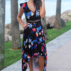 Summer Floral Printed Midi Dresses Deep V-neck Women Streetwear PQ22006