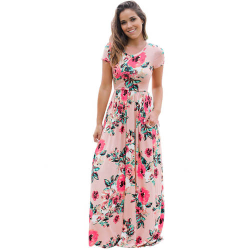 Floral Printed Midi Dresses Crew Neck Maxi Casual Dress PQW677A