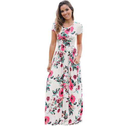 Floral Printed Midi Dresses Crew Neck Maxi Casual Dress PQW677A