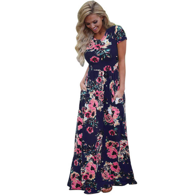 Short Sleeve Fashion Apparel Floral Printed Midi Dresses PQW677B