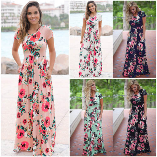 Short Sleeve Fashion Apparel Floral Printed Midi Dresses PQW677B