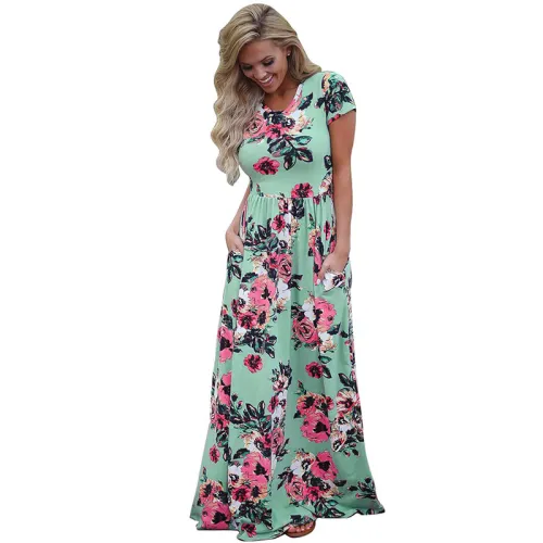 Summer Maxi Casual Dress Short Sleeve Fashion Ruched Dress PQW677E