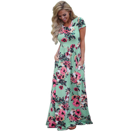Summer Maxi Casual Dress Short Sleeve Fashion Ruched Dress PQW677E