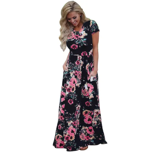 Summer Maxi Casual Dress Short Sleeve Fashion Ruched Dress PQW677E