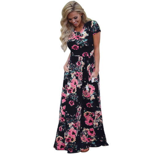 Summer Maxi Casual Dress Short Sleeve Fashion Ruched Dress PQW677E
