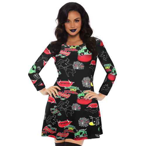 Fashion Printed Streetwear Halloween Crew Neck Mini Dress PQX037
