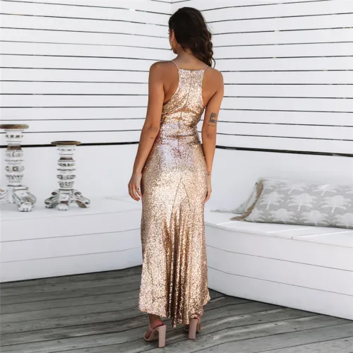 Spaghetti Strap Split Sequin Dresses Women Evening Dress For Party PQH2009B