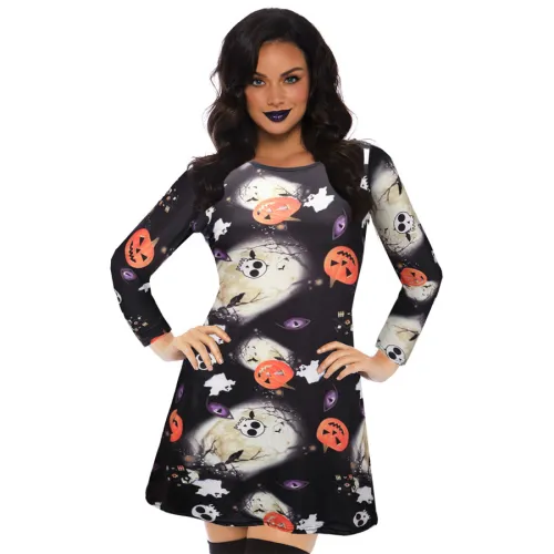 Halloween Print Party Dress For Women Crew Neck Fashion Streetwear PQR1159
