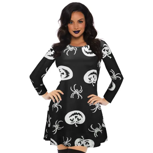 Spider Print Mini Dress for Women Halloween Theme Sexy Dress PQX017