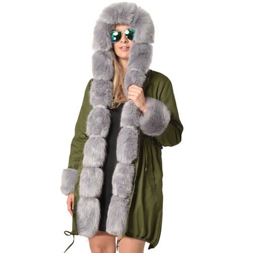 Women Parka Three-quarter Coat Faux Fur Hooded Winter Fur Jacket PQAA0942