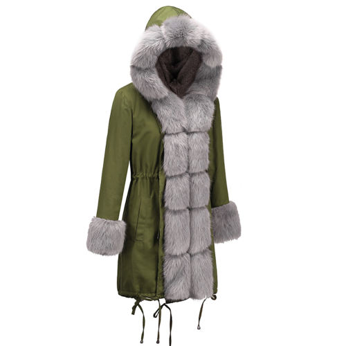 Women Parka Three-quarter Coat Faux Fur Hooded Winter Fur Jacket PQAA0942