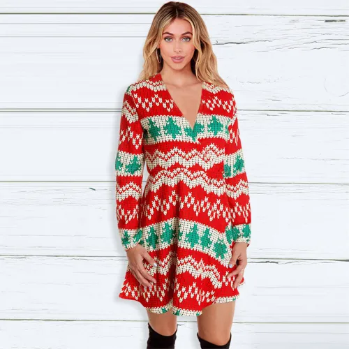 V-neck Ugly Christmas Dress for Women Printed Leisure Dress PQ22923B