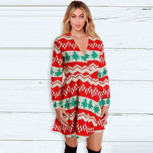 V-neck Ugly Christmas Dress for Women Printed Leisure Dress PQ22923B