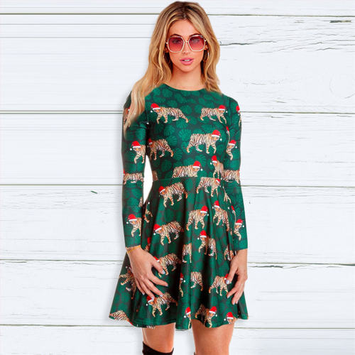 Christmas Skater Dresses for Women Animal Print Casual Dress PQ22925F