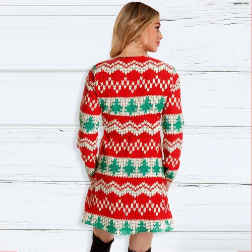 V-neck Ugly Christmas Dress for Women Printed Leisure Dress PQ22923B