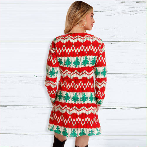 V-neck Ugly Christmas Dress for Women Printed Leisure Dress PQ22923B