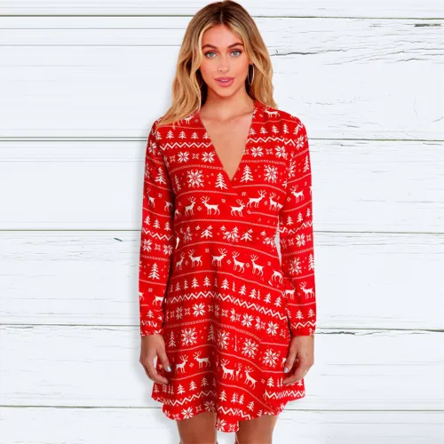 V-neck Xmas Casual Dress for Women Digital Print Dresses PQ22923A