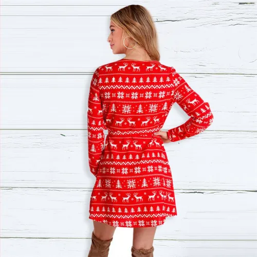 V-neck Xmas Casual Dress for Women Digital Print Dresses PQ22923A