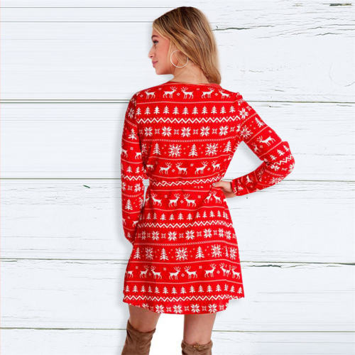 V-neck Xmas Casual Dress for Women Digital Print Dresses PQ22923A