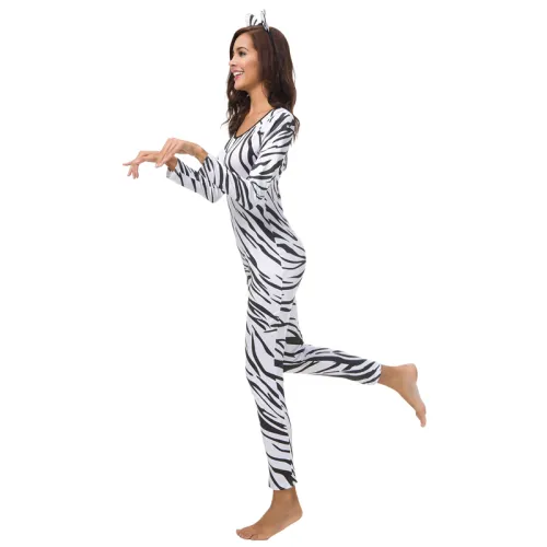 Halloween Zebra Printing Catsuit Black Straps Cosplay Uniform PQ80886