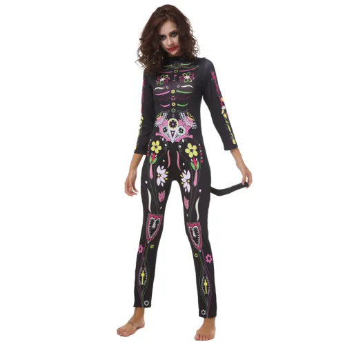 Halloween Skeleton Printed Jumpsuit Black Horror Ladies Bodysuit PQDD80837A