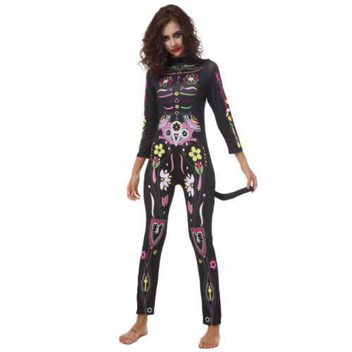 Halloween Skeleton Printed Jumpsuit Black Horror Ladies Bodysuit PQDD80837A