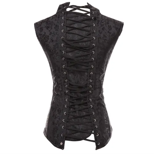 Black Brocade Corset Collared Top Plus Size Sexy Corsages Vest PQT8423