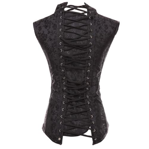 Black Brocade Corset Collared Top Plus Size Sexy Corsages Vest PQT8423