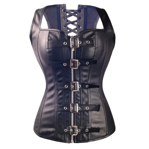 Women Gothic PU Vest Plus Size Black Overbust Buckle Corset PQT8404