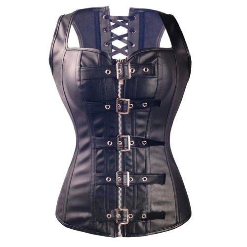 Women Gothic PU Vest Plus Size Black Overbust Buckle Corset PQT8404
