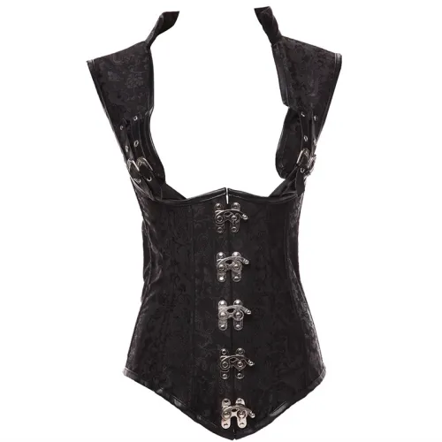 Black Brocade Corset Collared Top Plus Size Sexy Corsages Vest PQT8423